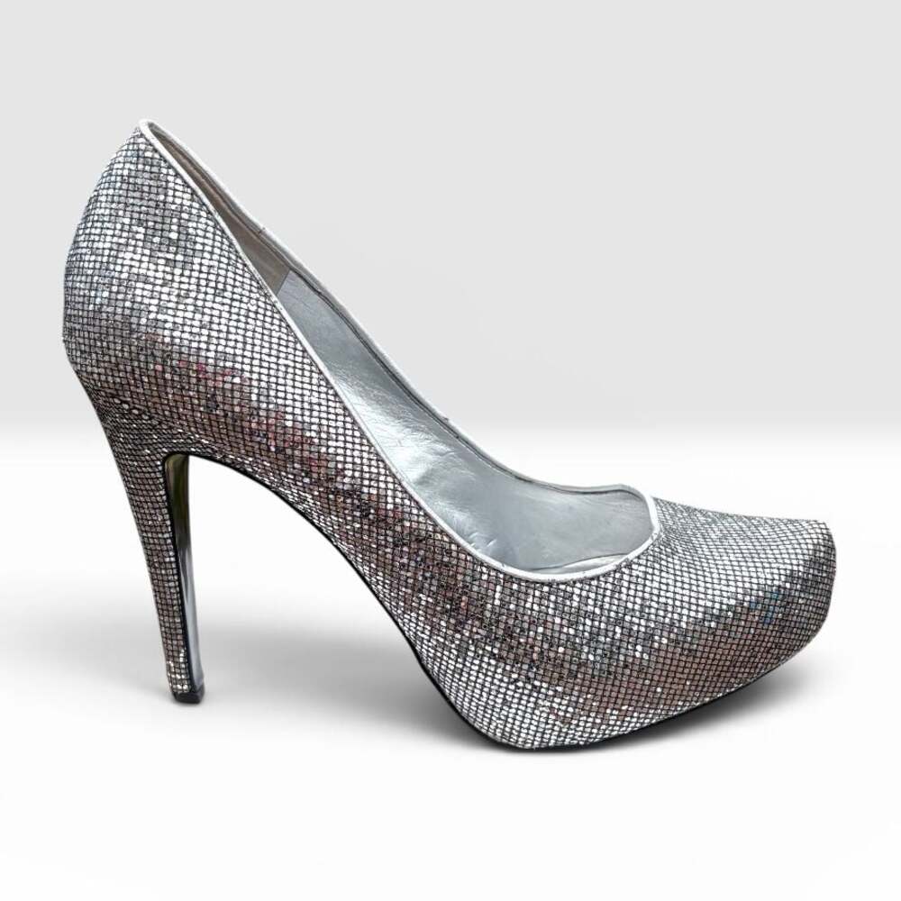BCBGeneration Parade Silver Glitter Platform Stiletto Pumps Size 8.5